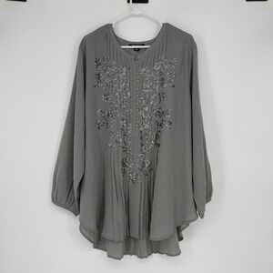 Roamans 26W Gray Sequin Embellished Pintuck Boho Tunic Blouse Plus Size